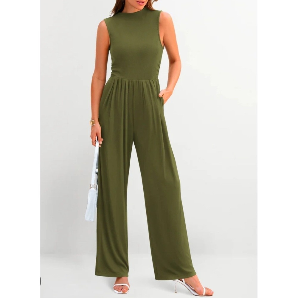 Pretty Garden Ribbed Jumpsuit Womens 2XL Olive Green Wide Leg Stretch Sleeveless